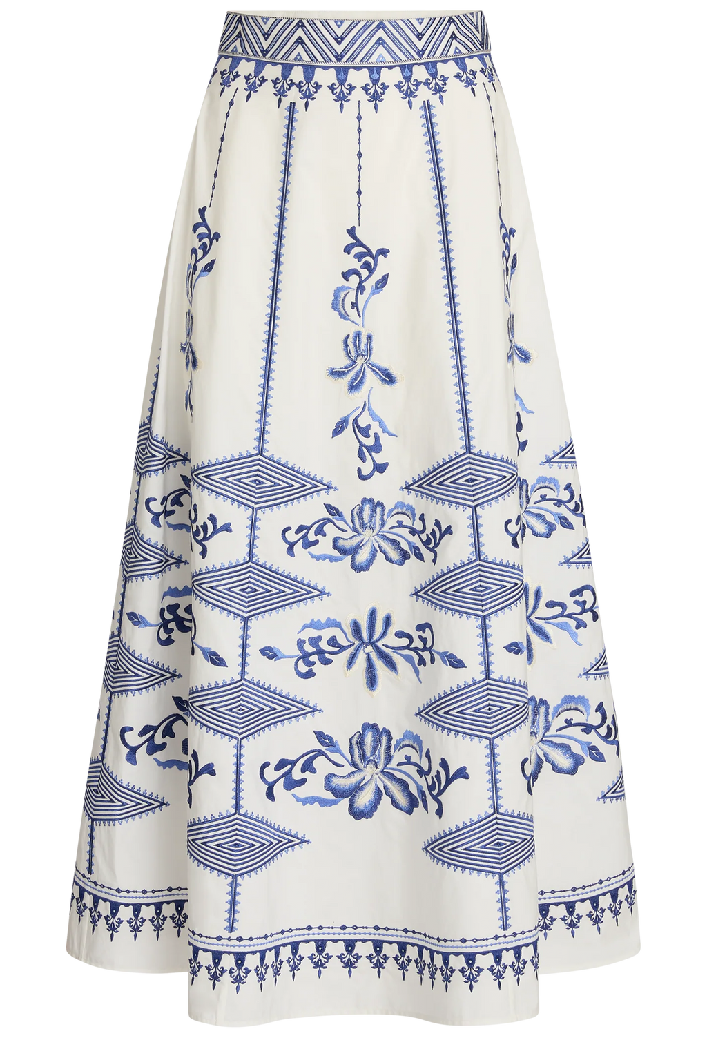 White skirt with blue geometric and floral patterns on a white background