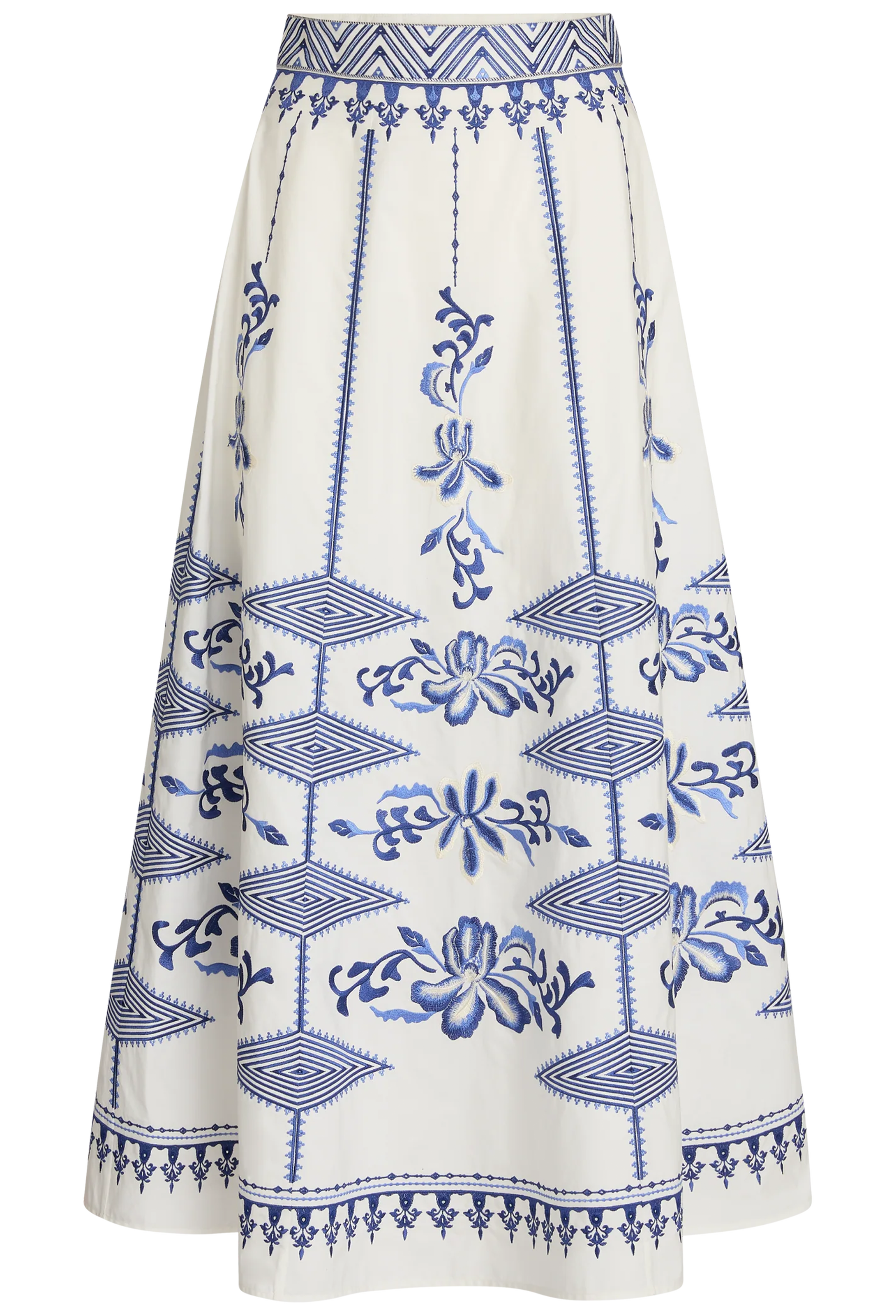 White skirt with blue geometric and floral patterns on a white background