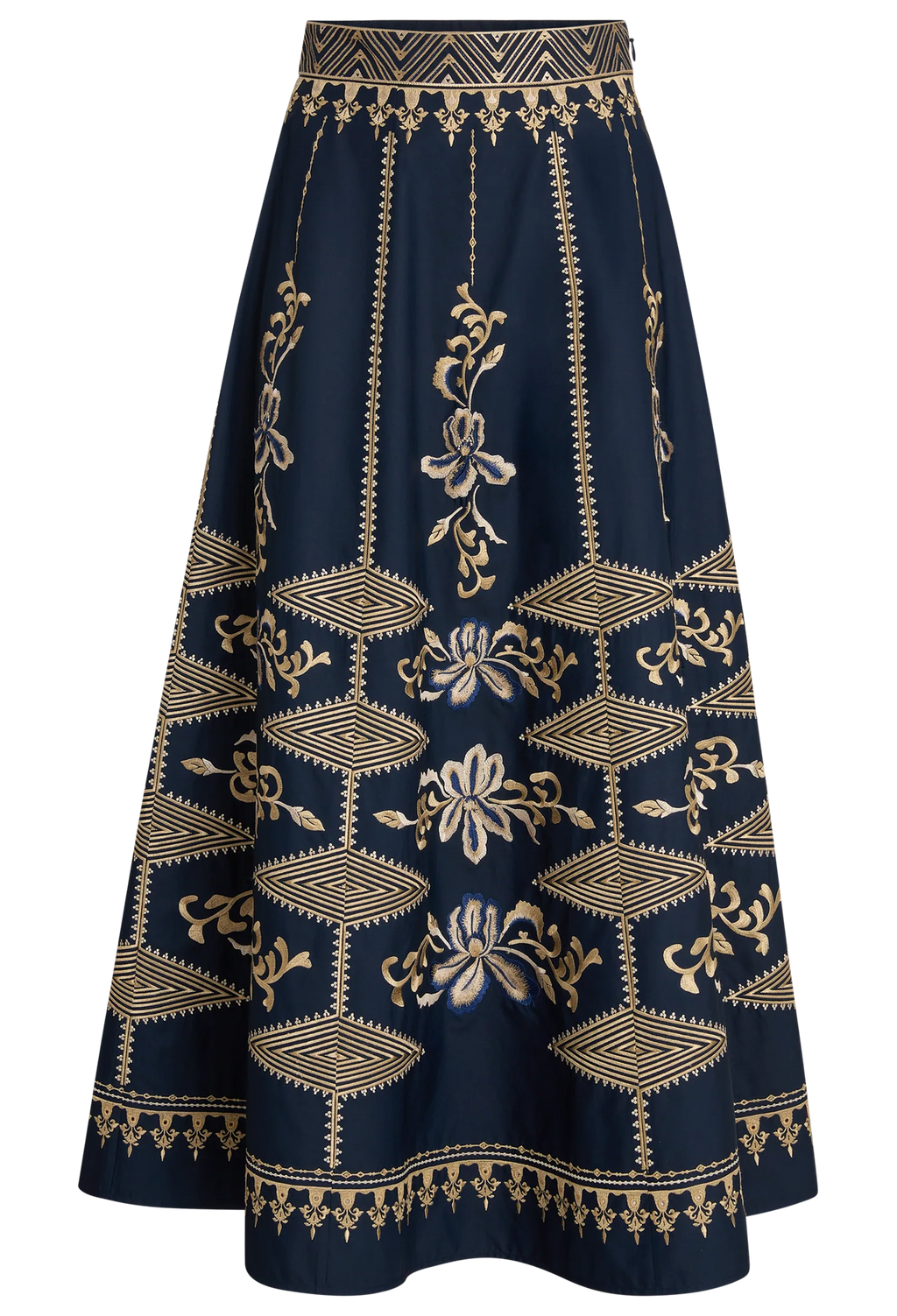 Navy blue skirt with gold embroidery on a white background