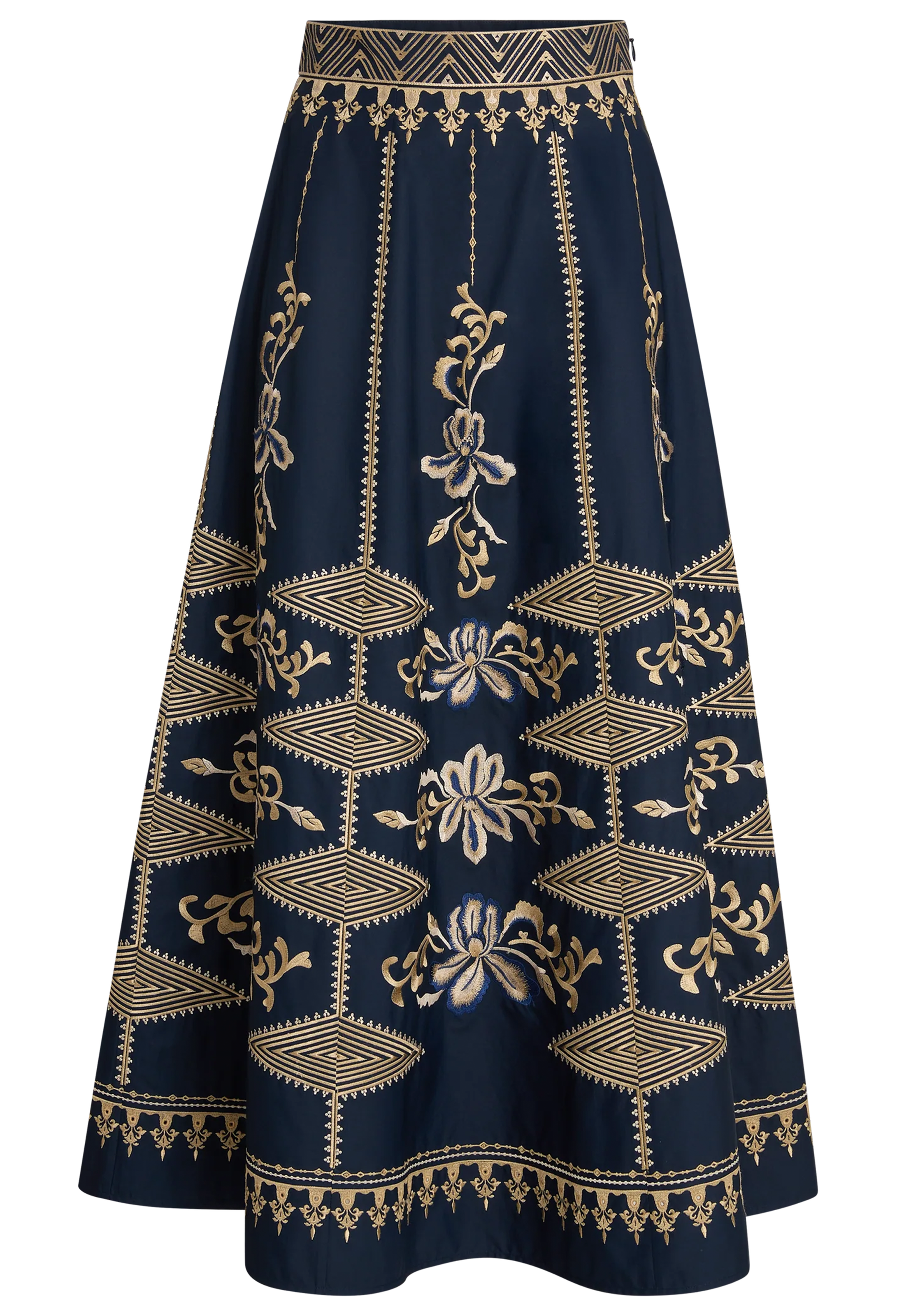 Navy blue skirt with gold embroidery on a white background