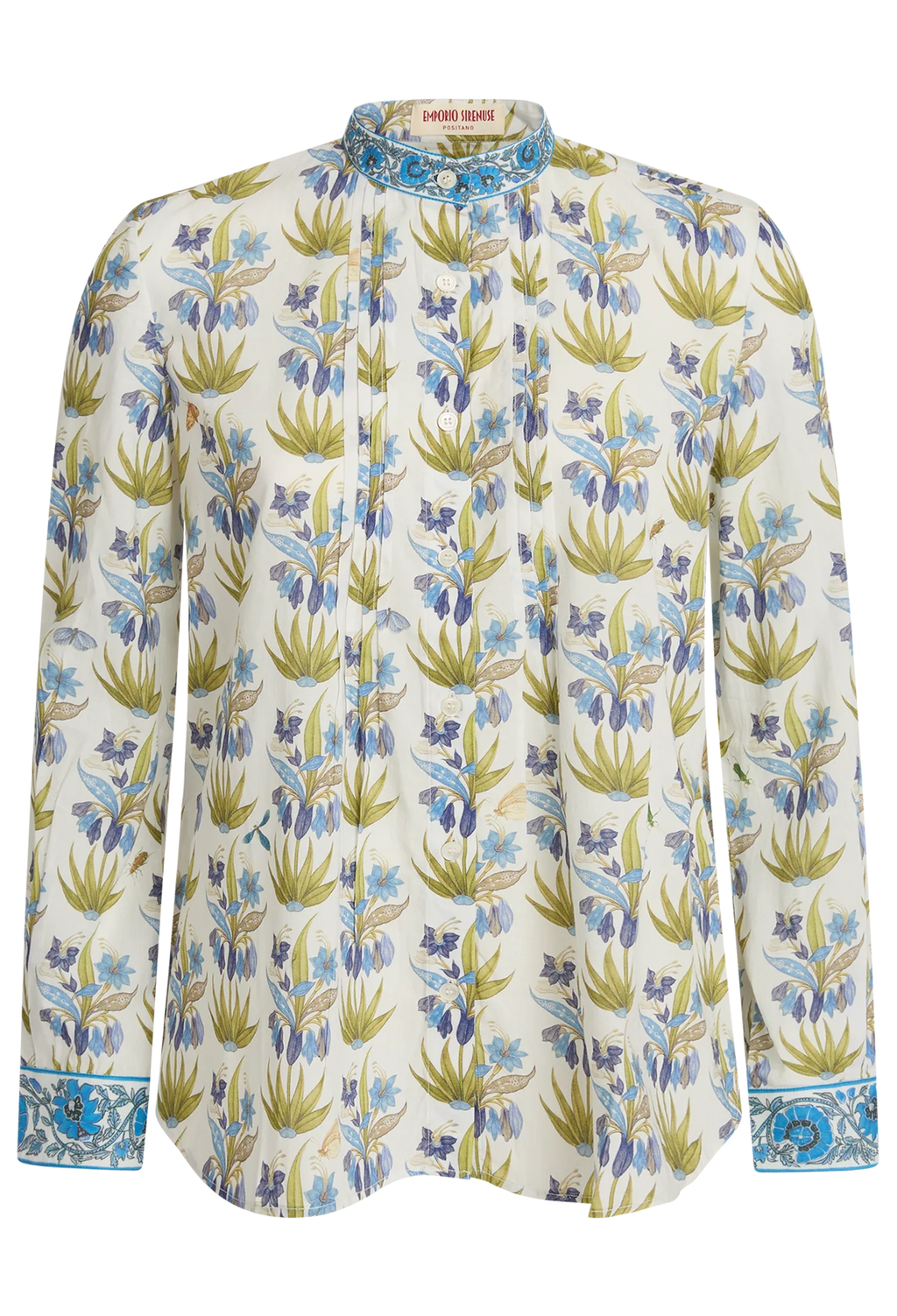 Floral patterned shirt with blue and green accents on a white background