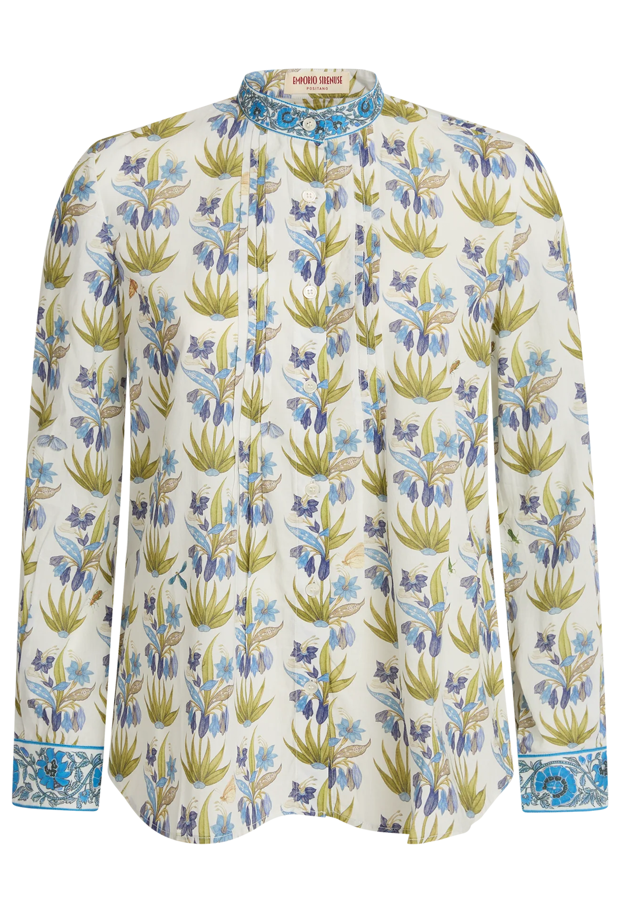 Floral patterned shirt with blue and green accents on a white background