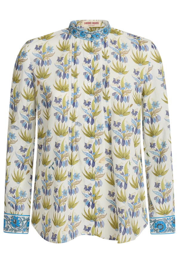 Floral patterned shirt with blue and green accents on a white background