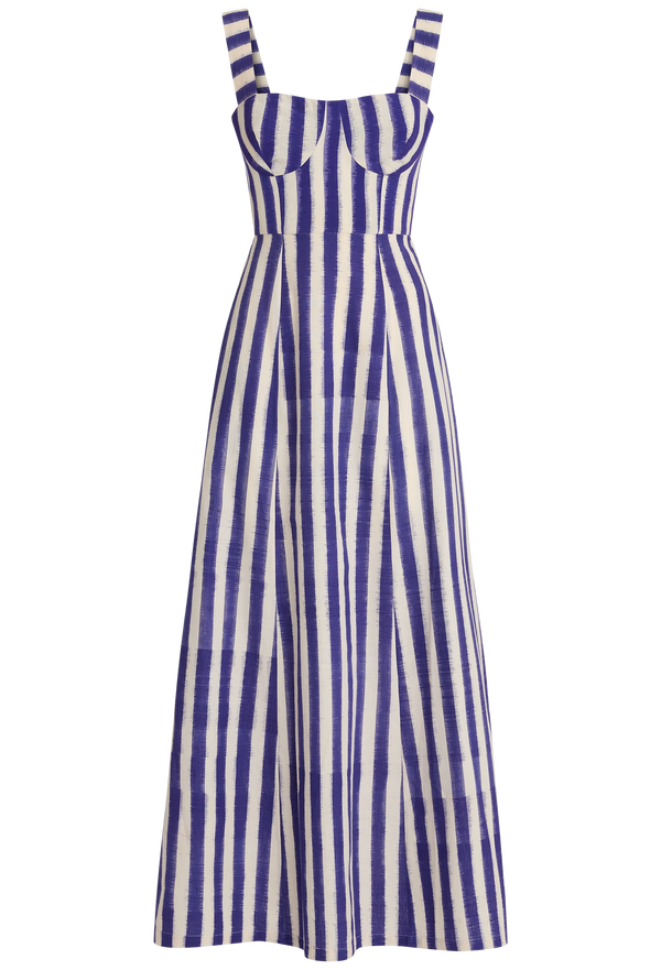 Blue and white striped dress on a white background