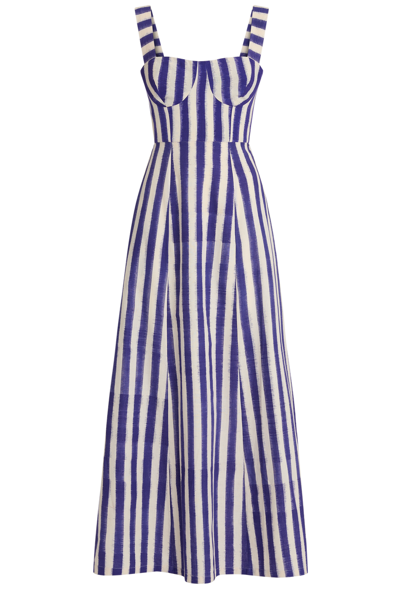 Blue and white striped dress on a white background