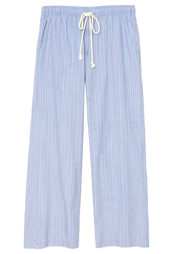 Blue and white striped pants with a drawstring on a white background