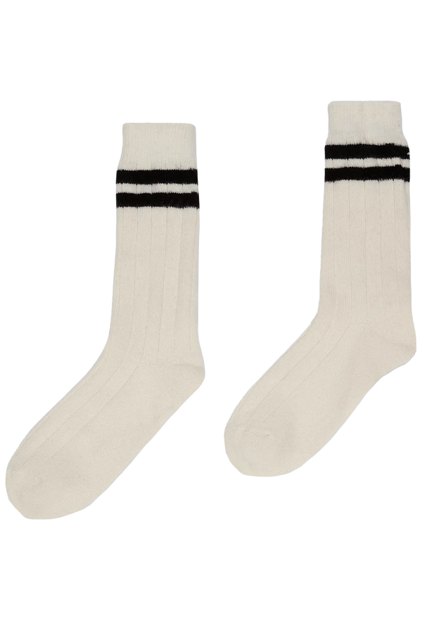 Pair of white socks with black stripes on a white background