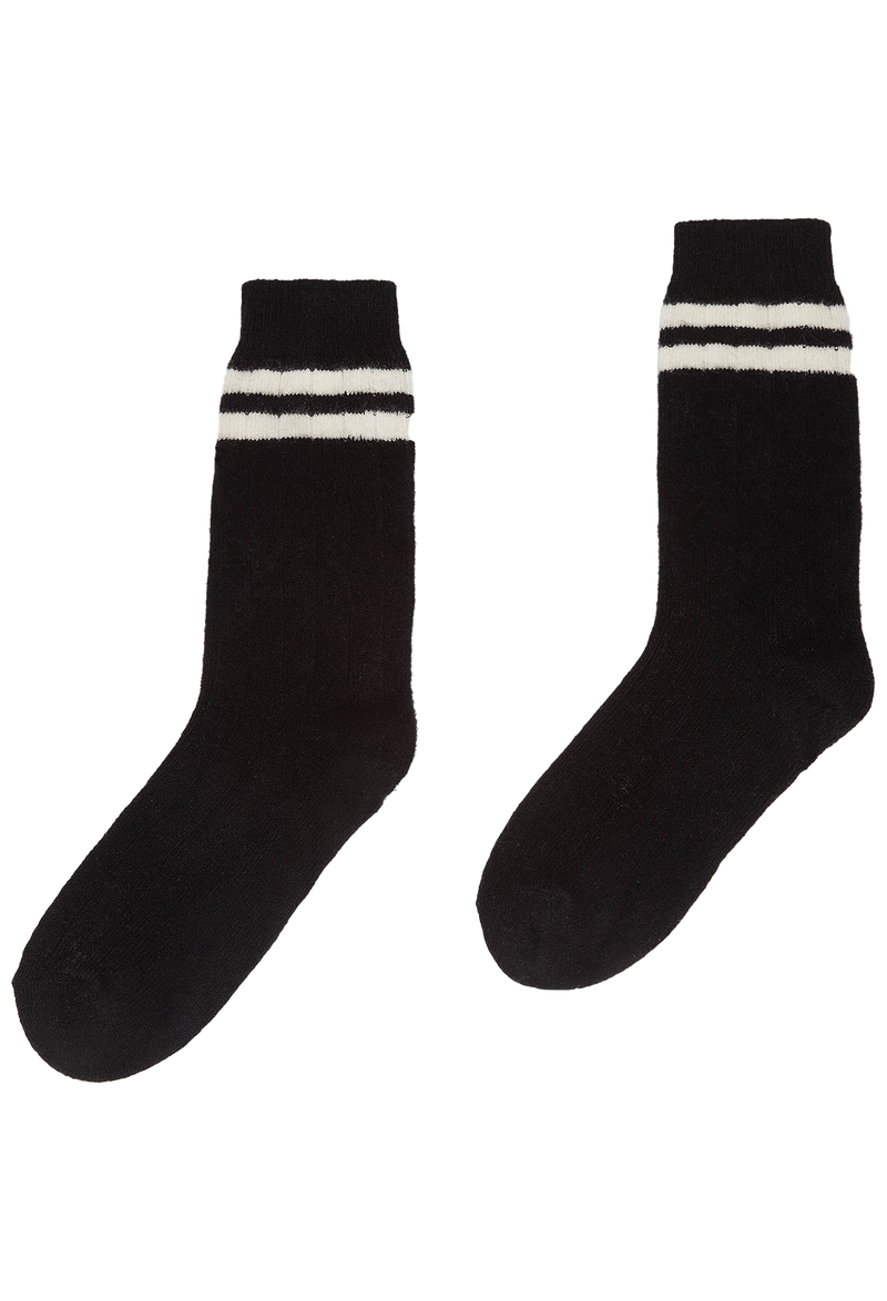 Pair of black socks with white stripes on a white background