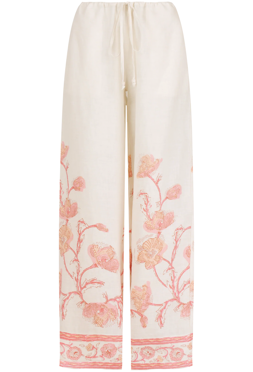 White pants with pink floral pattern on a white background