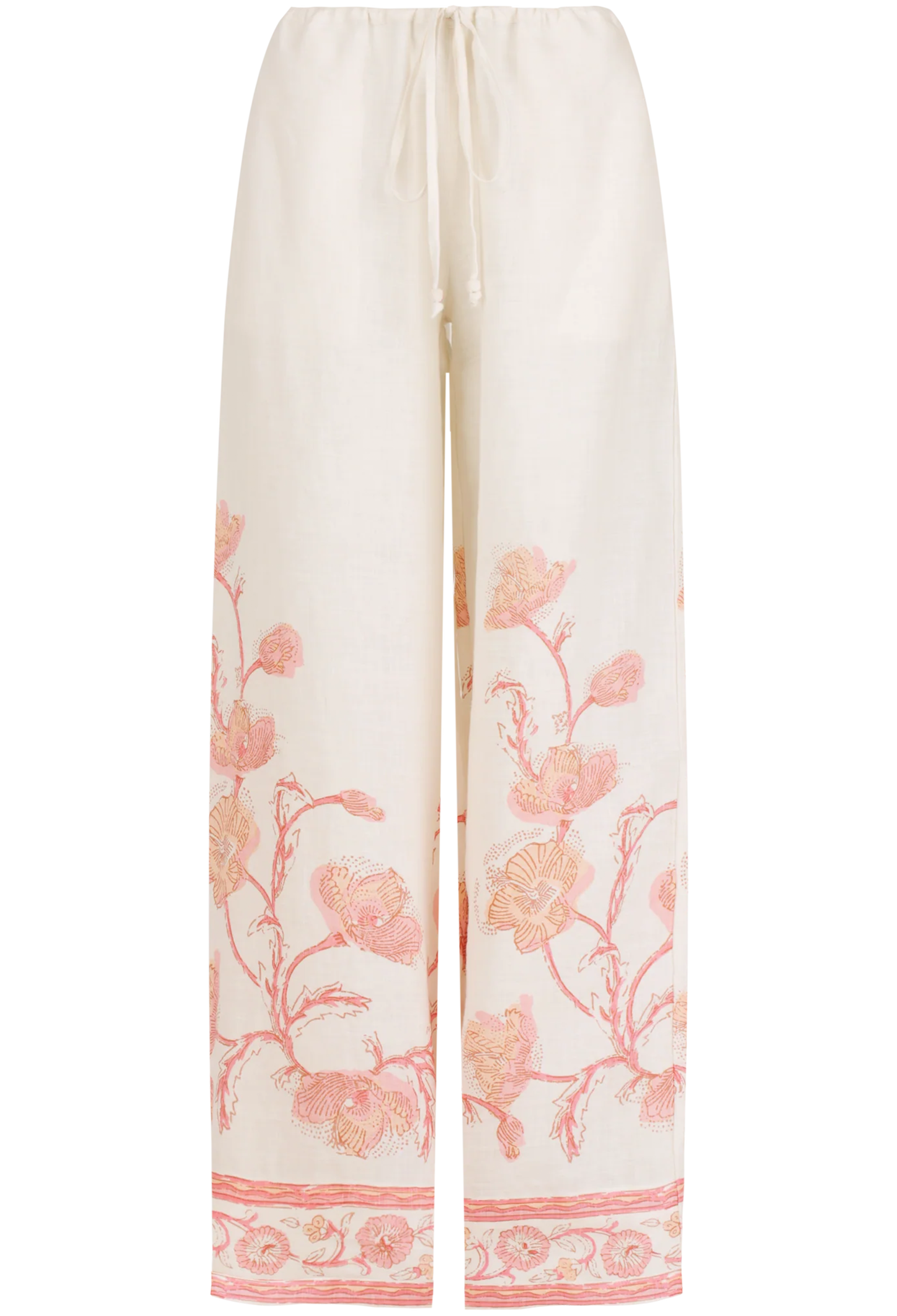 White pants with pink floral pattern on a white background