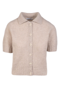 Beige knitted cardigan with short sleeves on a white background