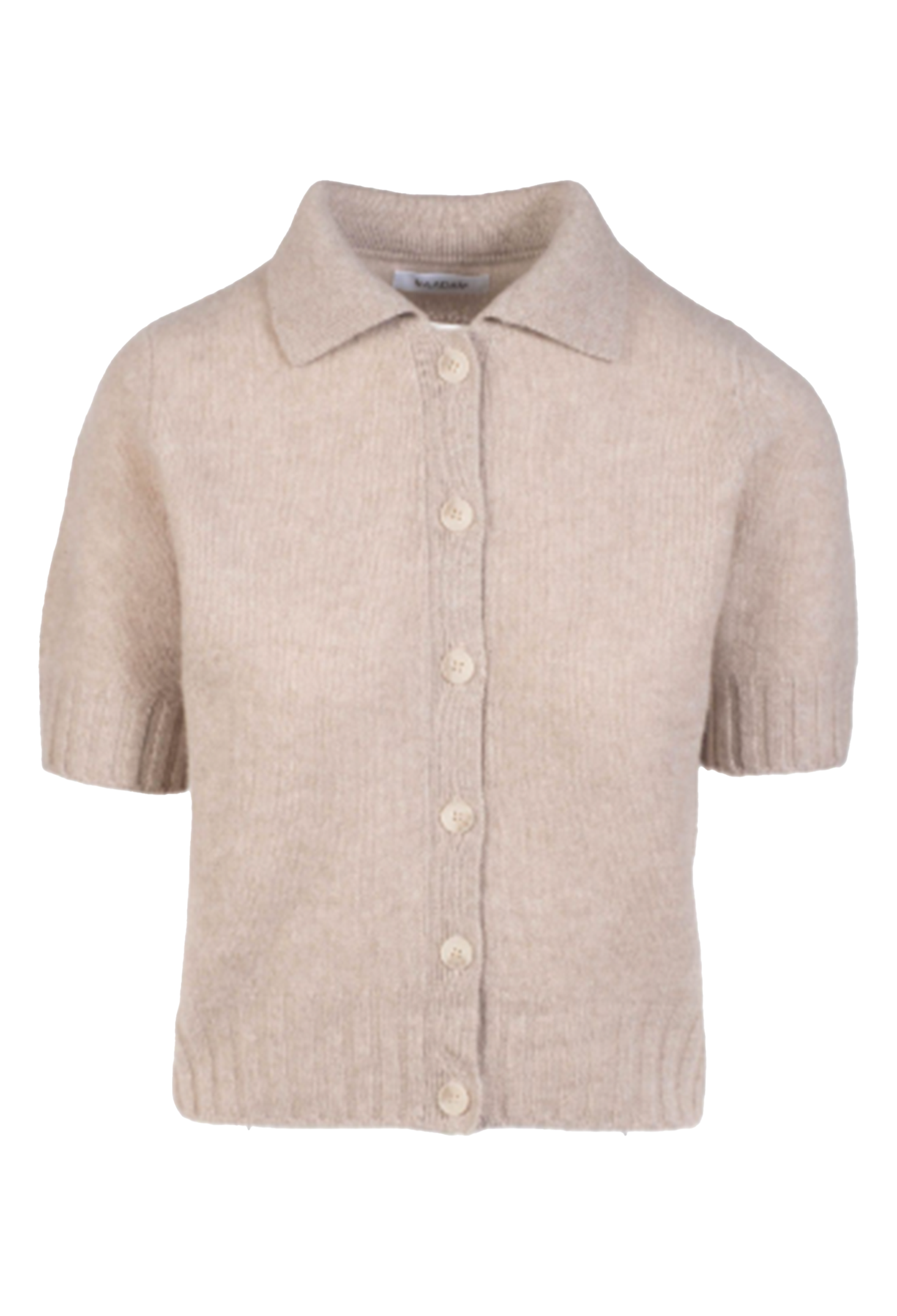 Beige knitted cardigan with short sleeves on a white background