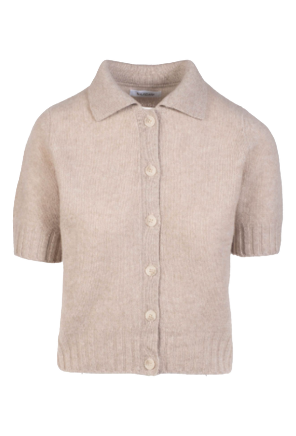 Beige knitted cardigan with short sleeves on a white background