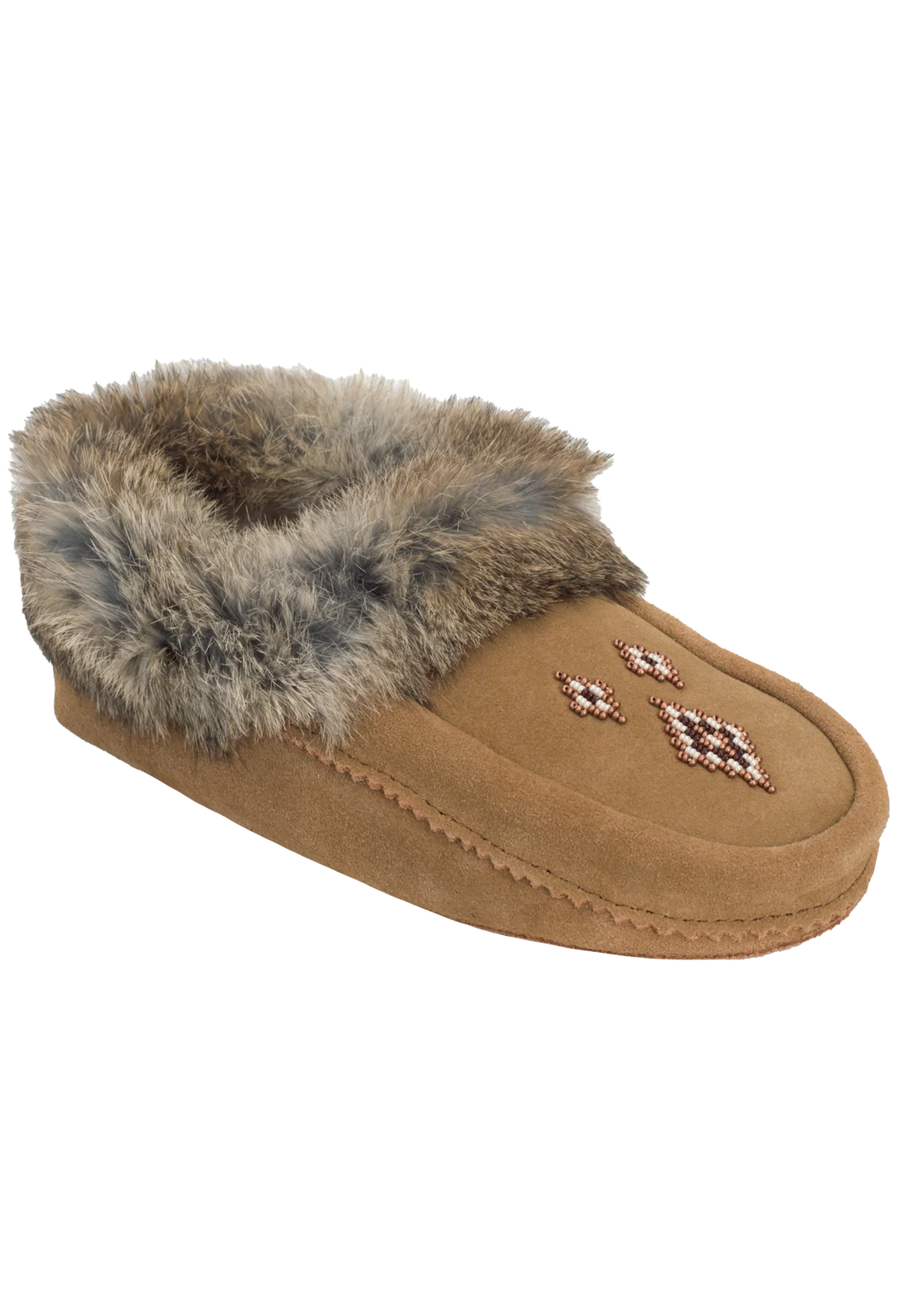 Brown slipper with fur trim on a white background