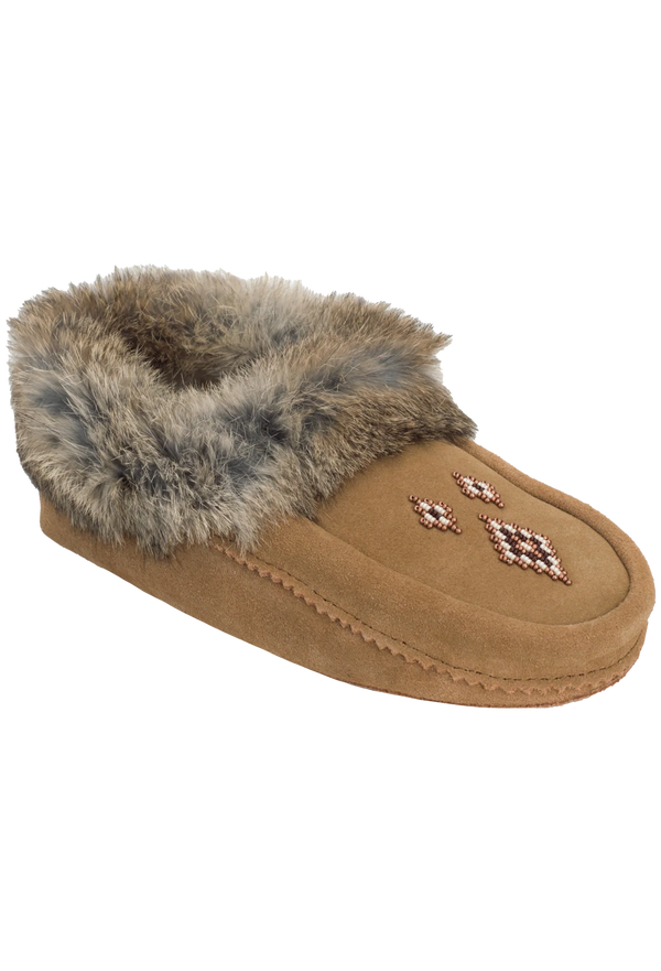 Brown slipper with fur trim on a white background