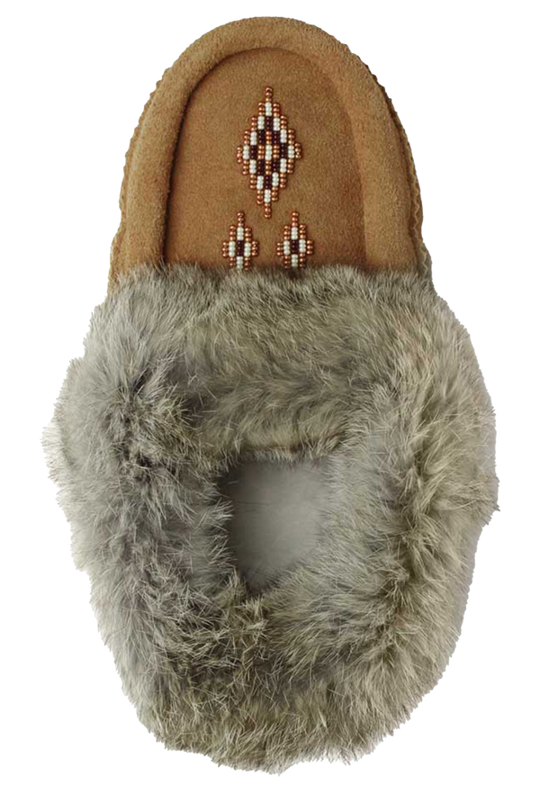 Moccasin with fur sole and brown top on a white background
