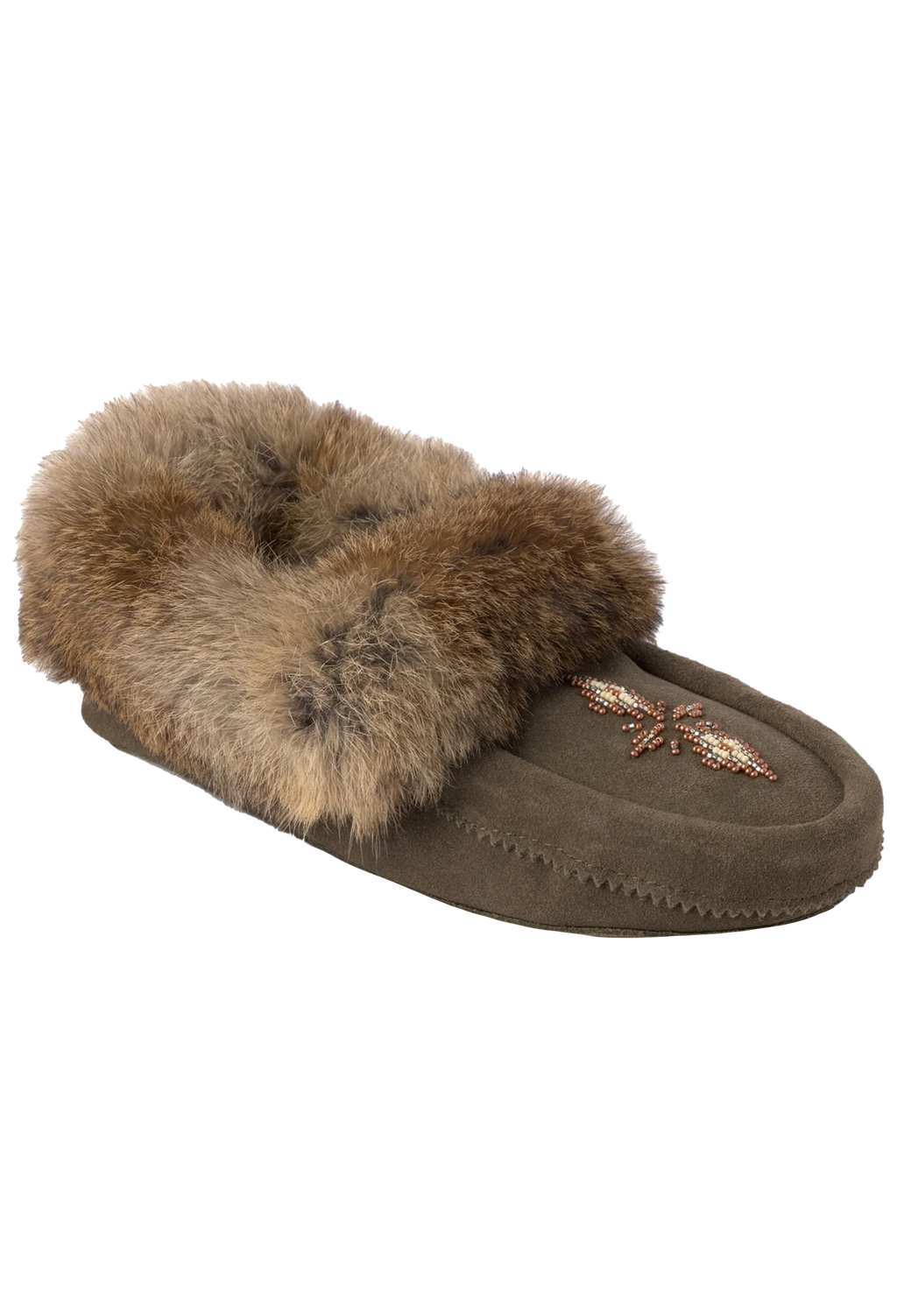 Brown slipper with fur trim on a white background