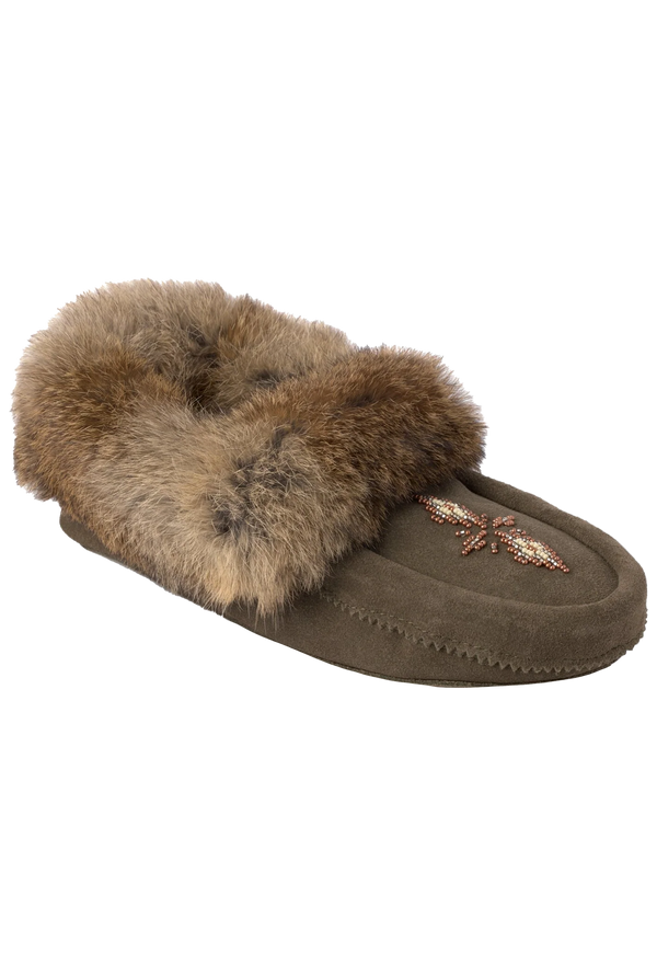 Brown slipper with fur trim on a white background