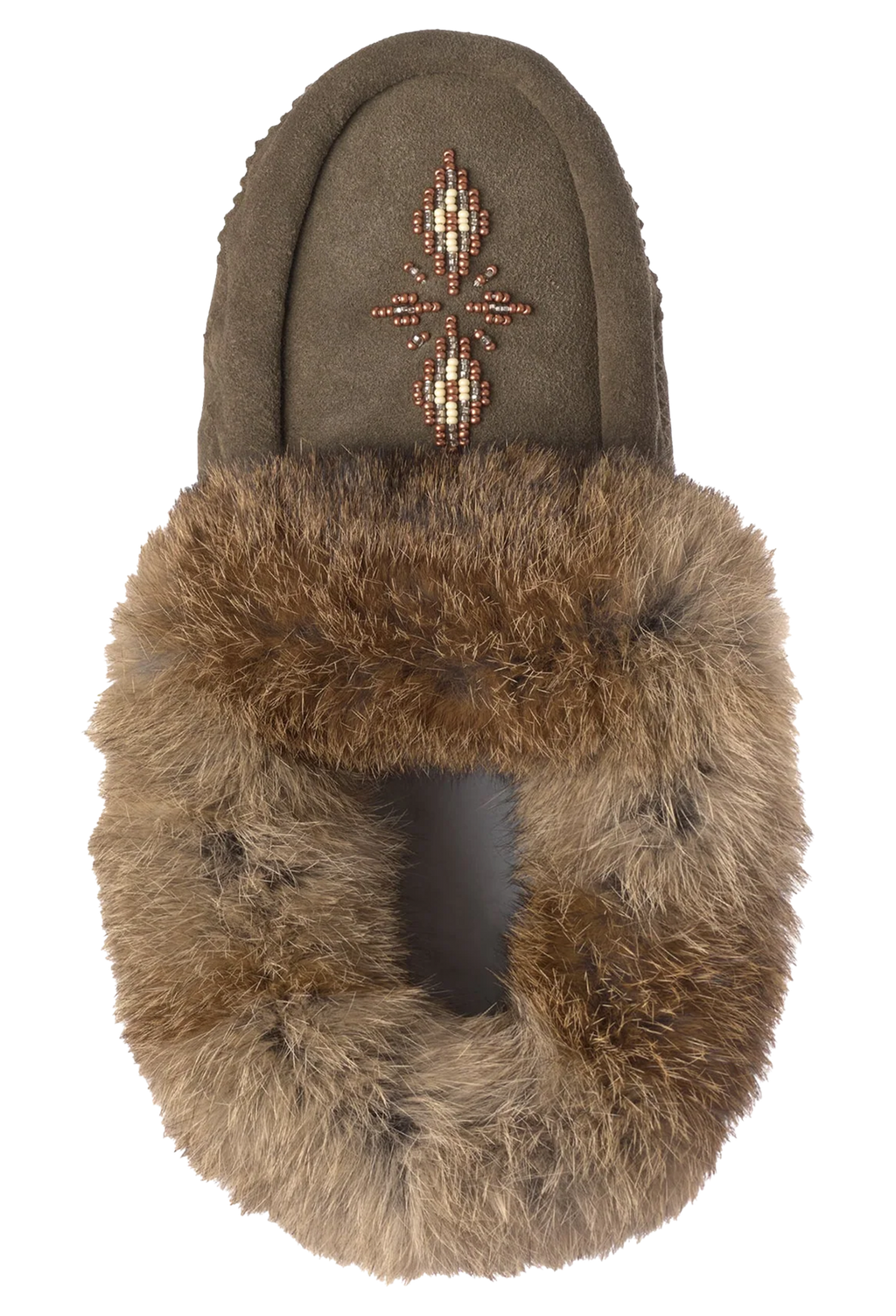 Brown moccasin slipper with fur trim and decorative bead pattern on a white background