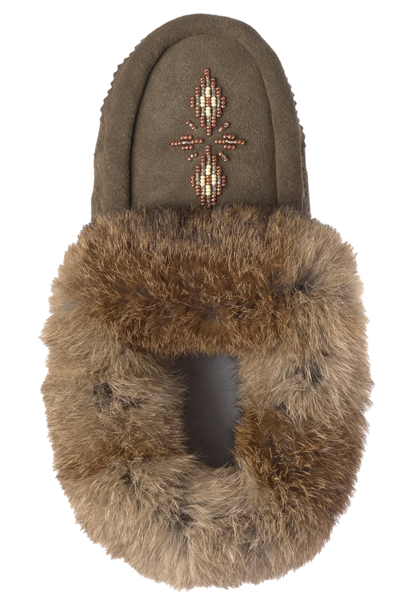 Brown moccasin slipper with fur trim and decorative bead pattern on a white background