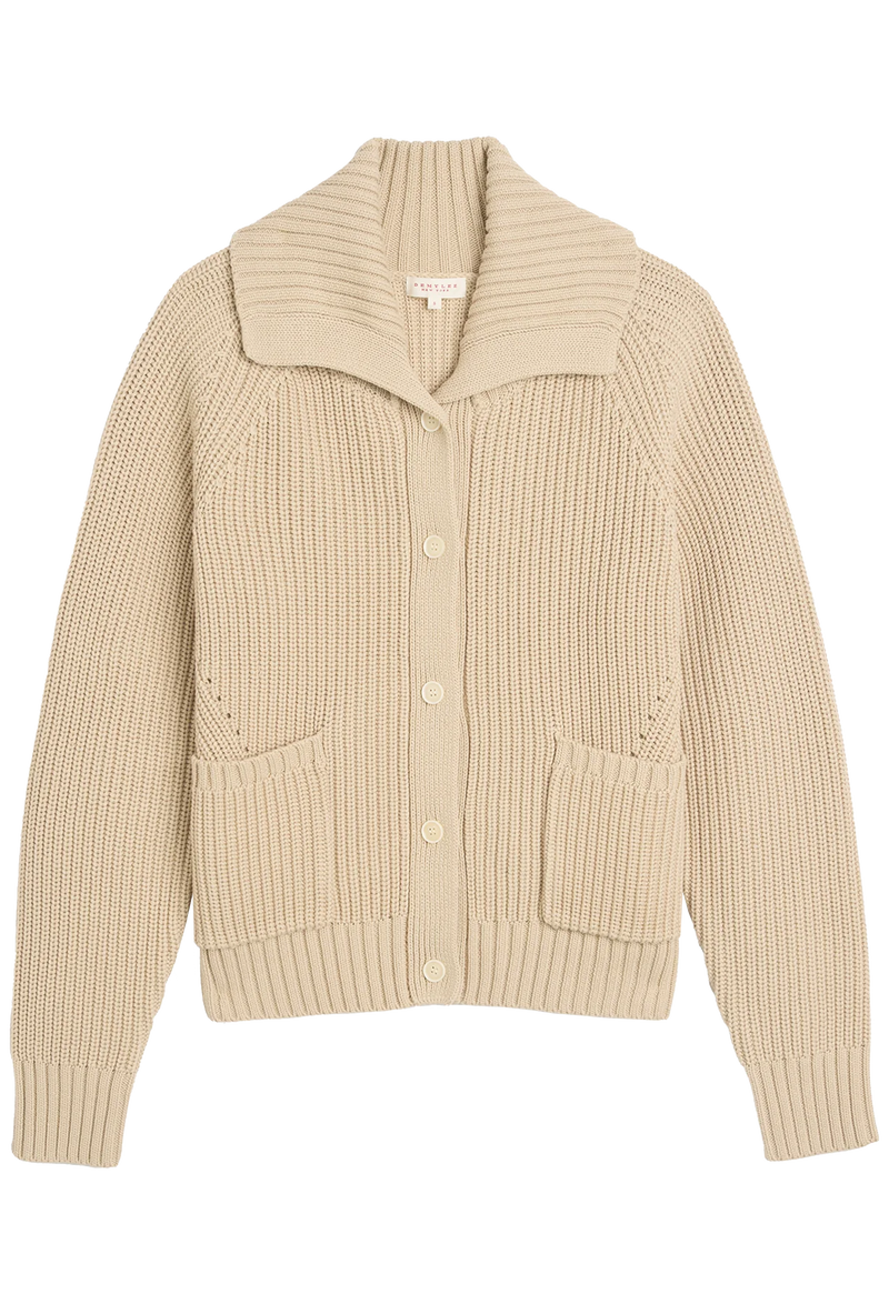 Beige ribbed sweater with collar and front buttons on a white background