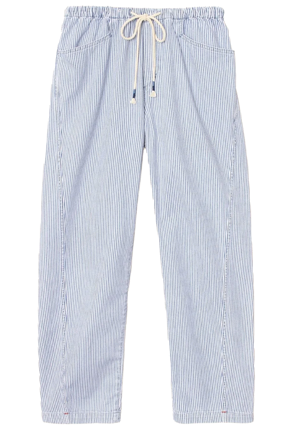 Blue and white striped pants with drawstring on a white background
