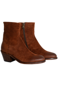 Pair of brown suede ankle boots with a zipper on a white background