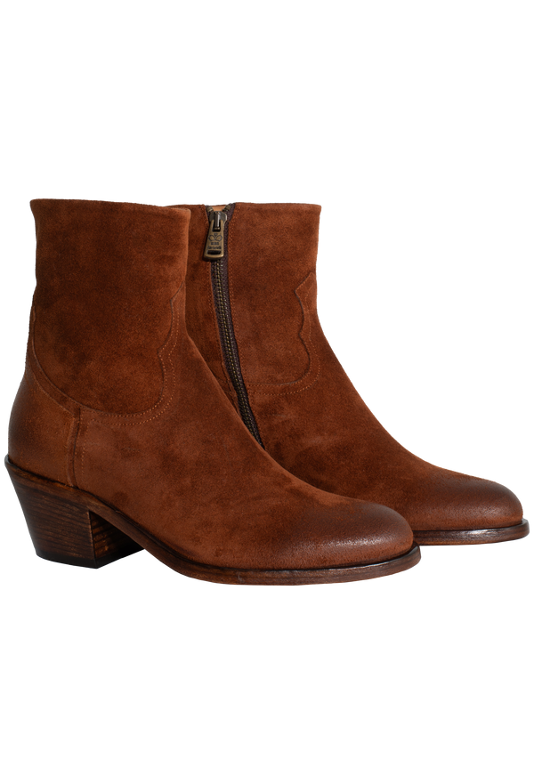 Pair of brown suede ankle boots with a zipper on a white background