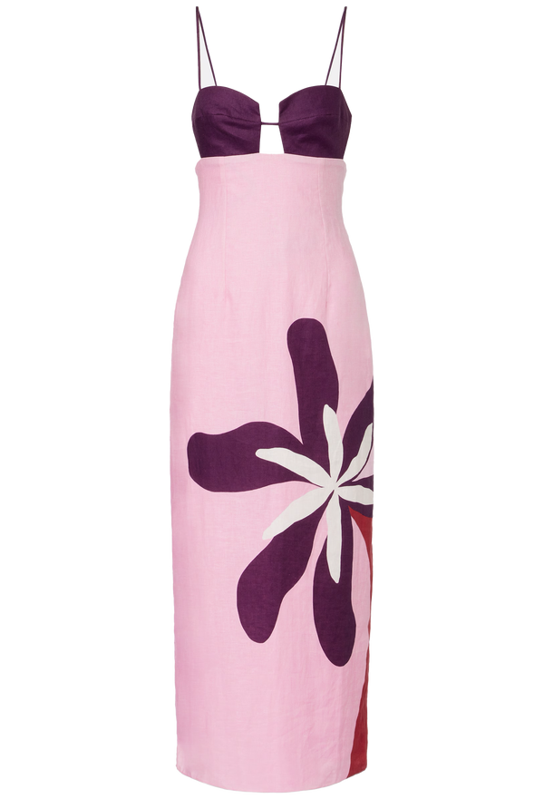 Pink dress with purple floral design on a white background