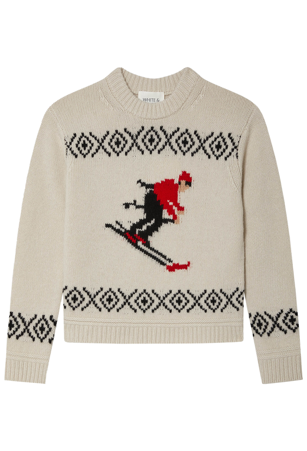 Beige sweater with skiing design on a white background
