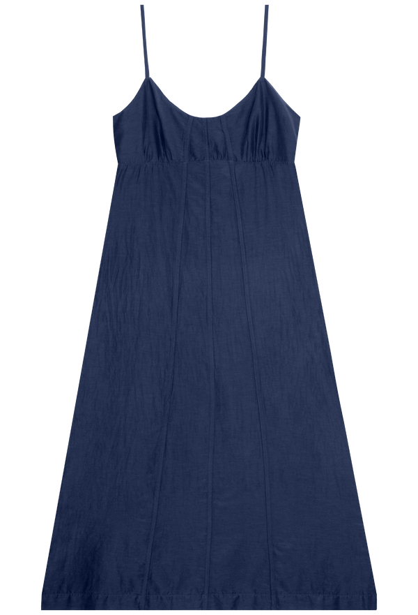 Navy blue slip dress on a white background