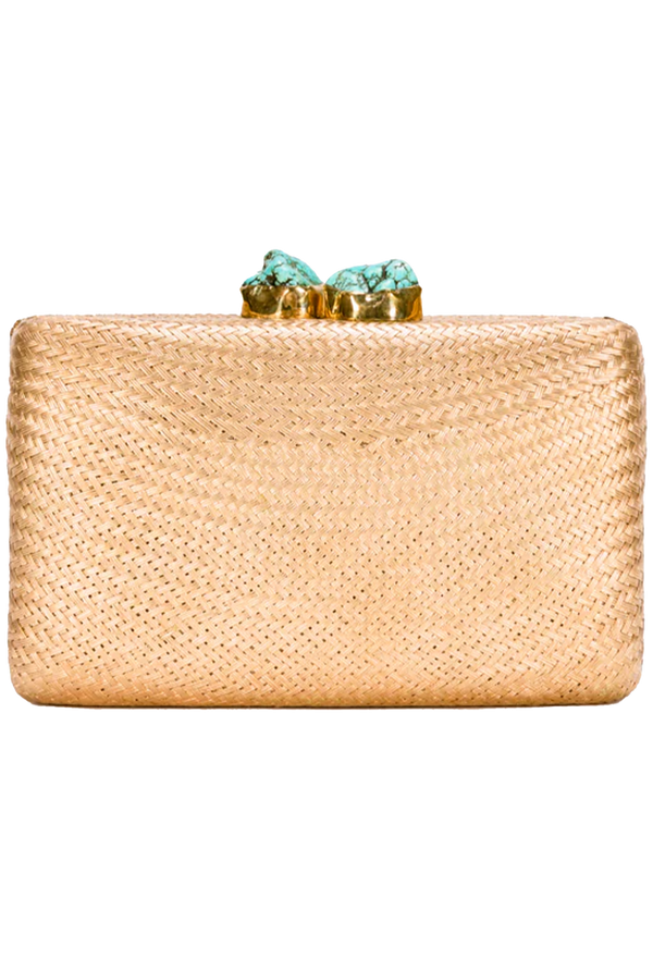 Gold clutch with turquoise stones on a white background