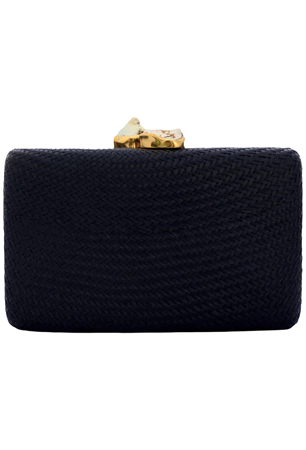 Black clutch bag with a gold clasp on a white background