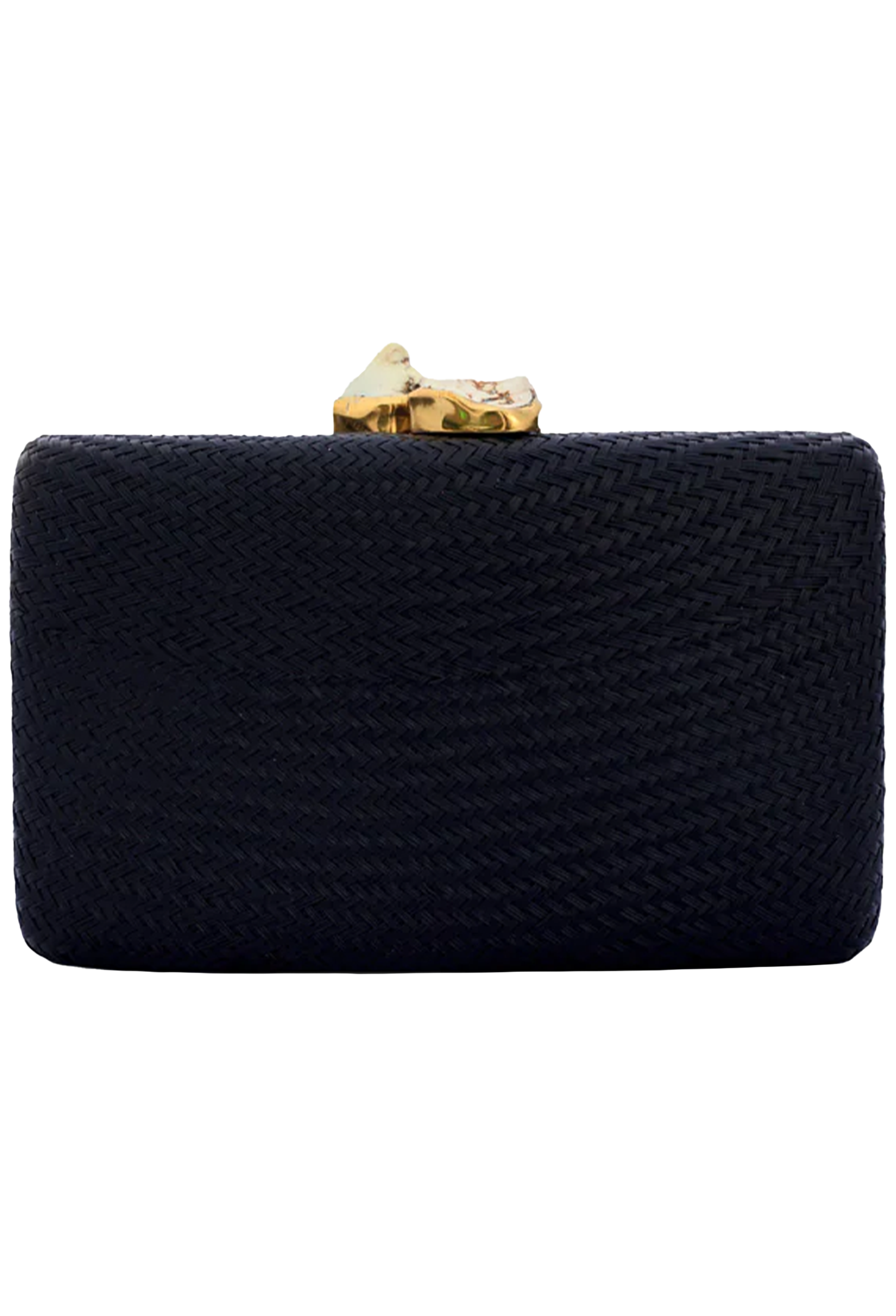 Black clutch bag with a gold clasp on a white background
