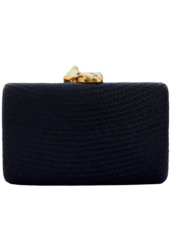 Black clutch bag with a gold clasp on a white background