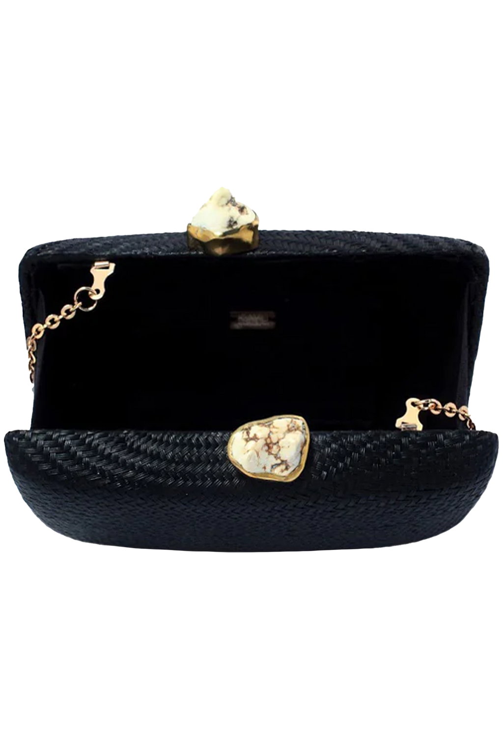 Black clutch with gold accents on a white background