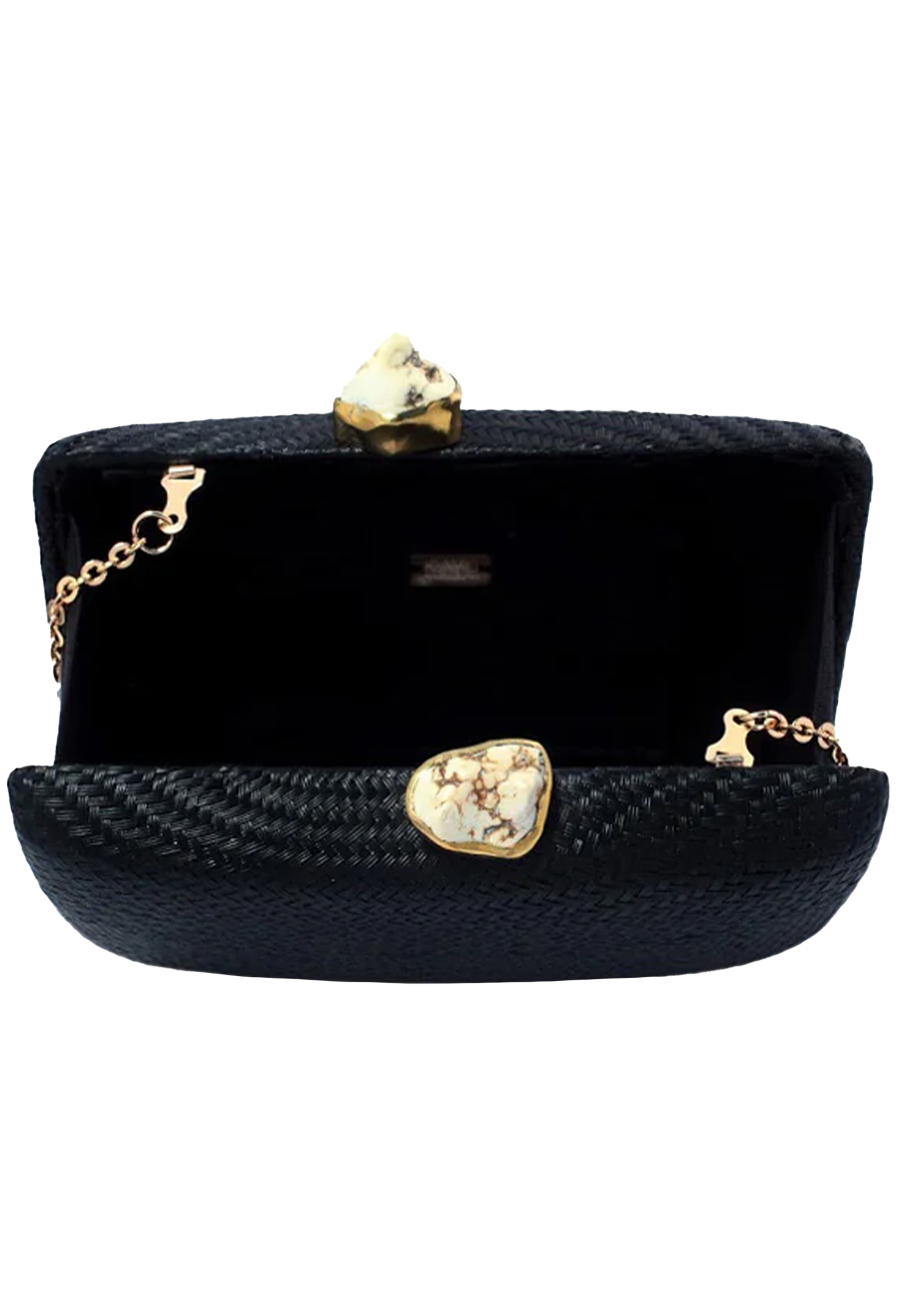 Black clutch with gold accents on a white background