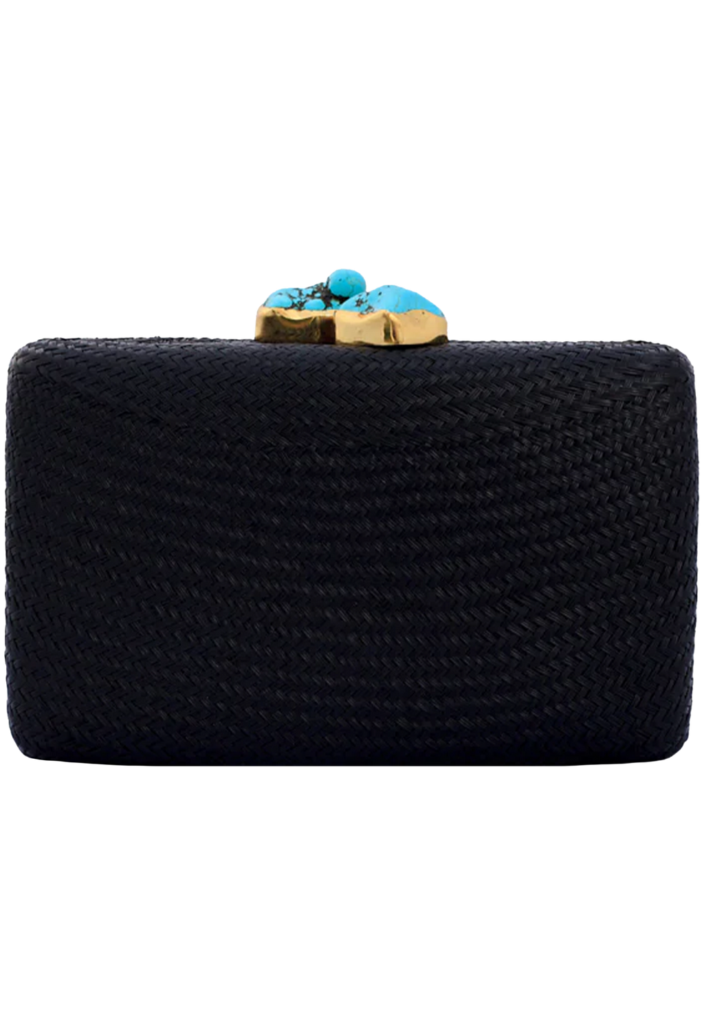 Black clutch with turquoise and gold accents on a white background