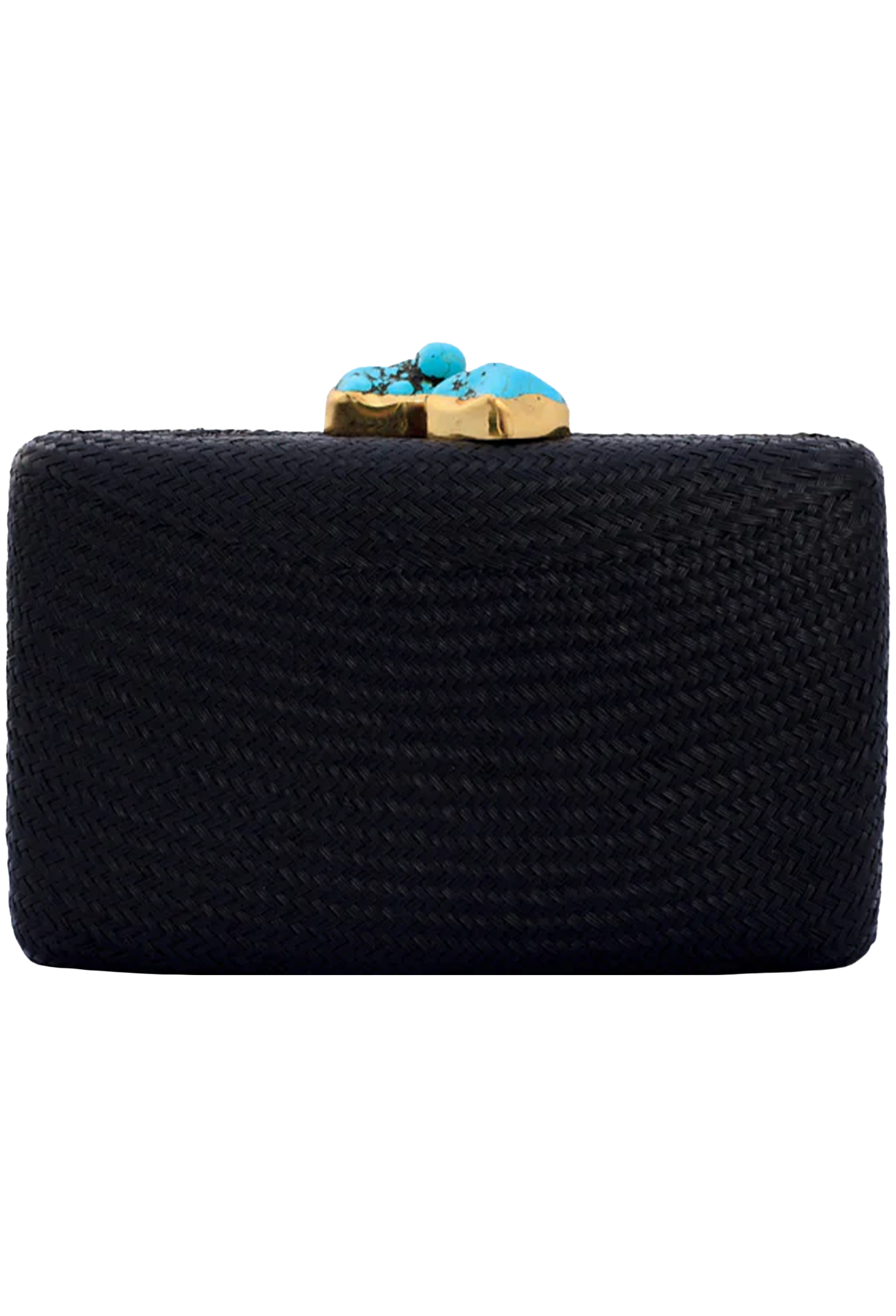 Black clutch with turquoise and gold accents on a white background