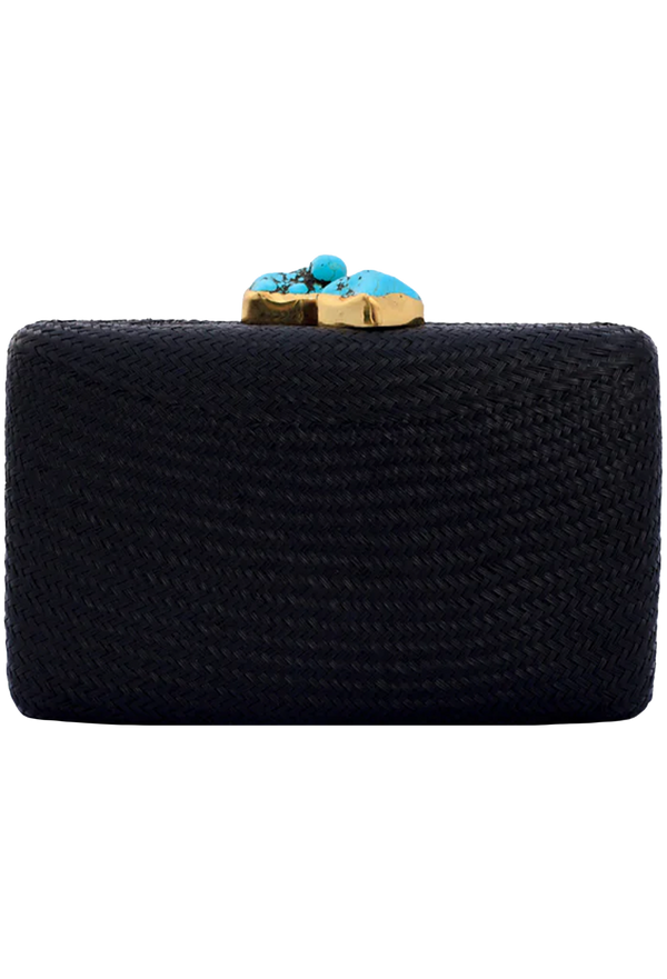 Black clutch with turquoise and gold accents on a white background