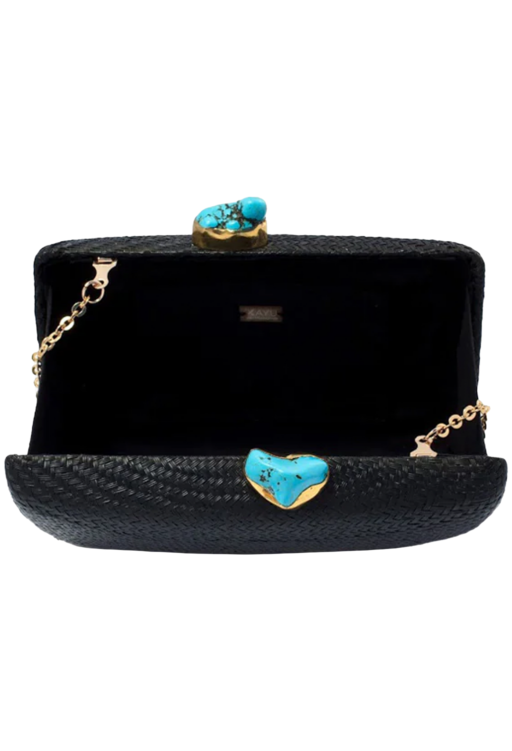 Black clutch bag with turquoise heart-shaped clasp on a white background