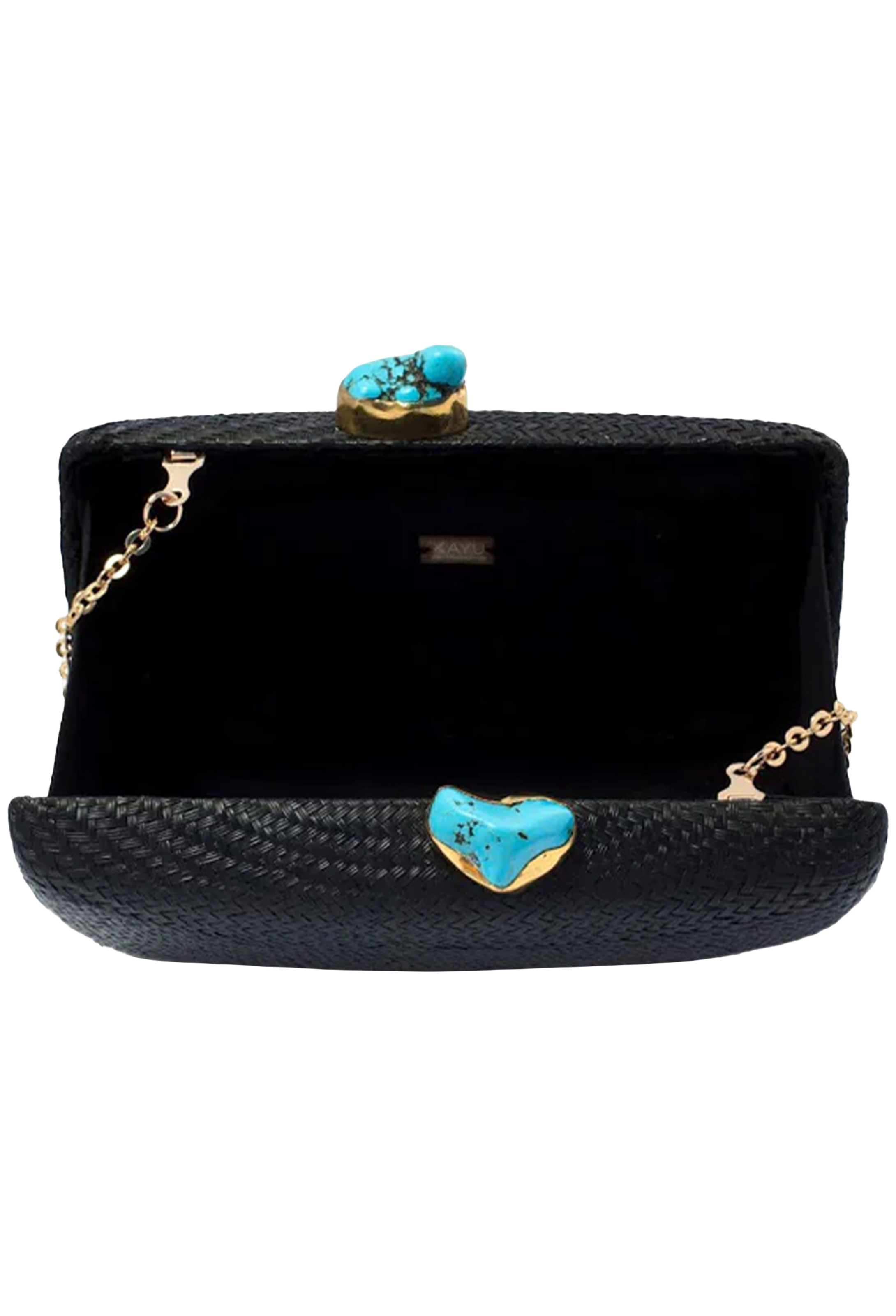 Black clutch bag with turquoise heart-shaped clasp on a white background