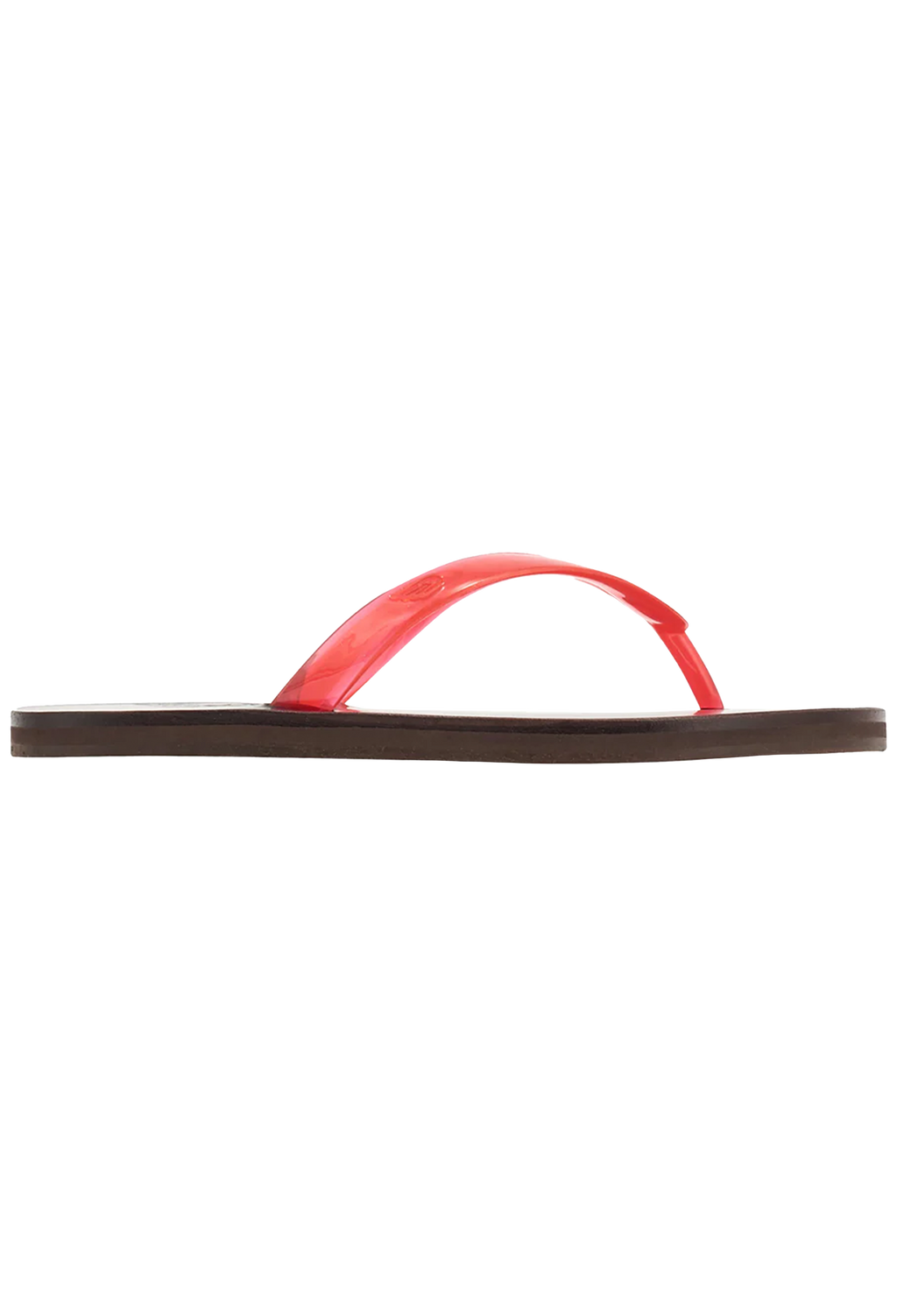 Red rubber flip flops on a white background