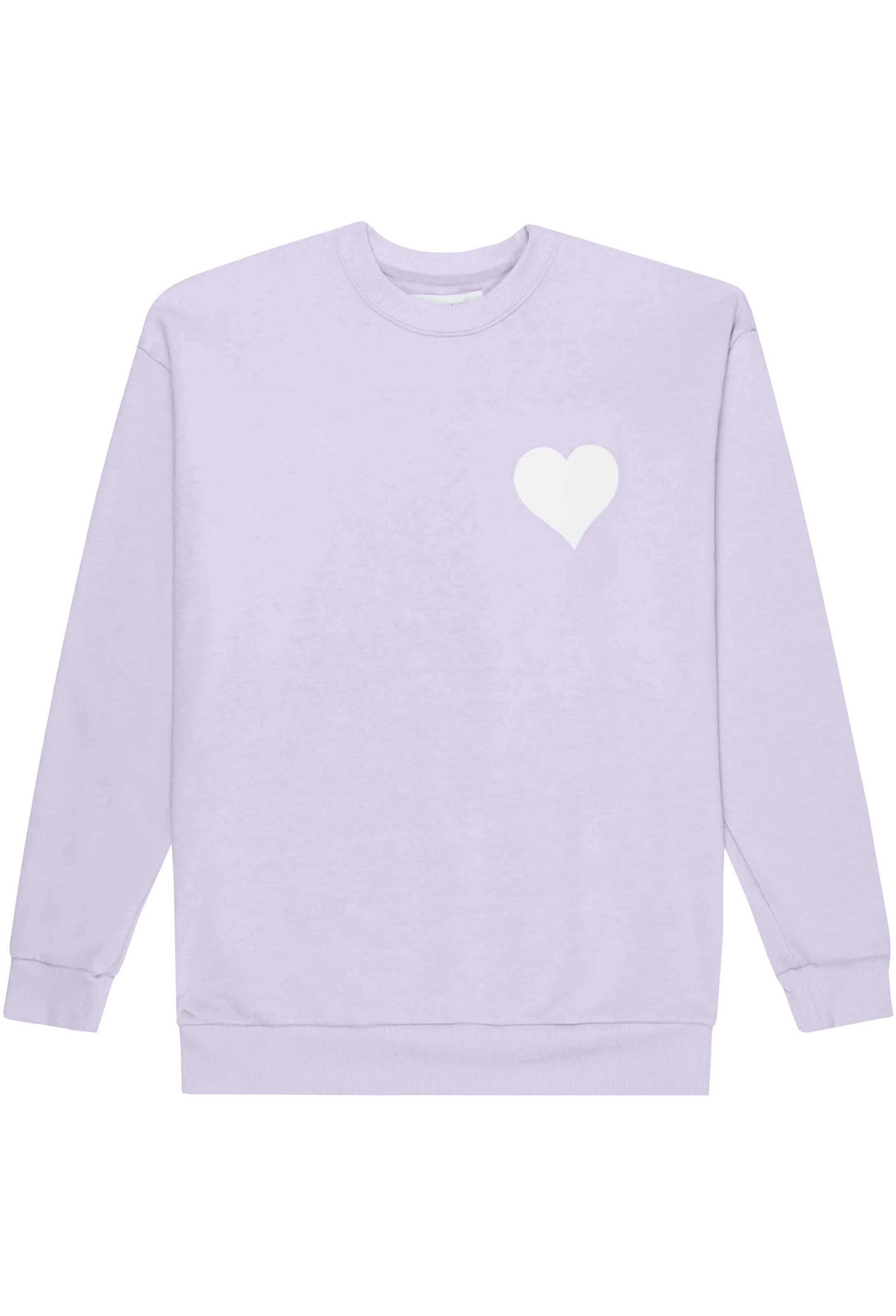 Lavender sweatshirt with a white heart on a white background
