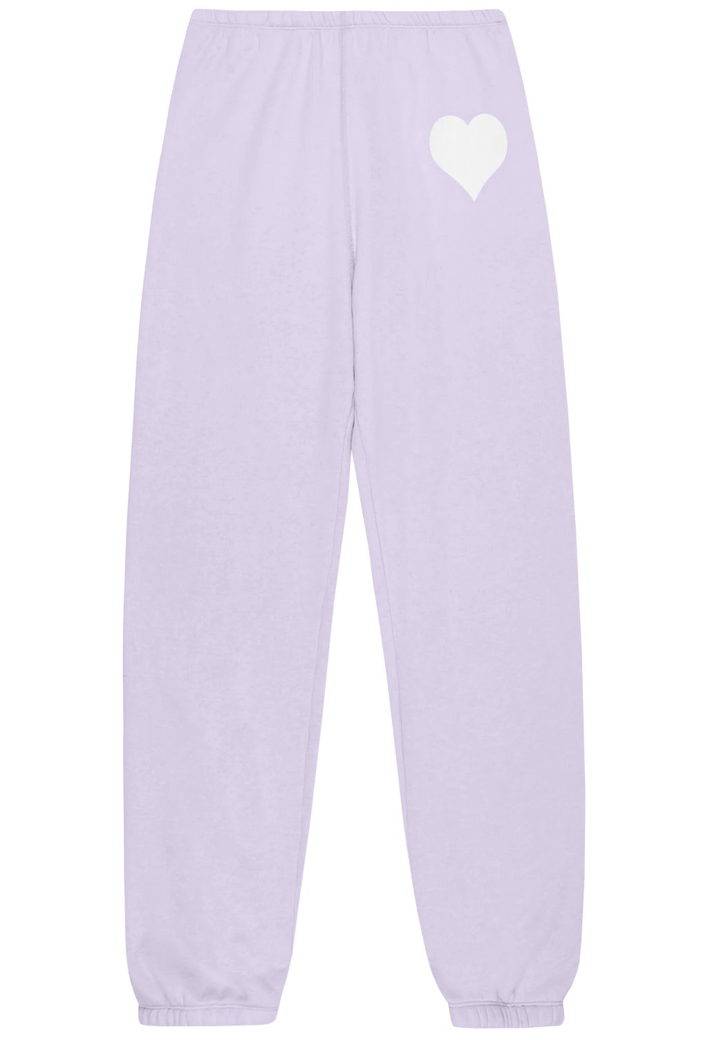 Lavender sweatpants with a white heart design on a white background