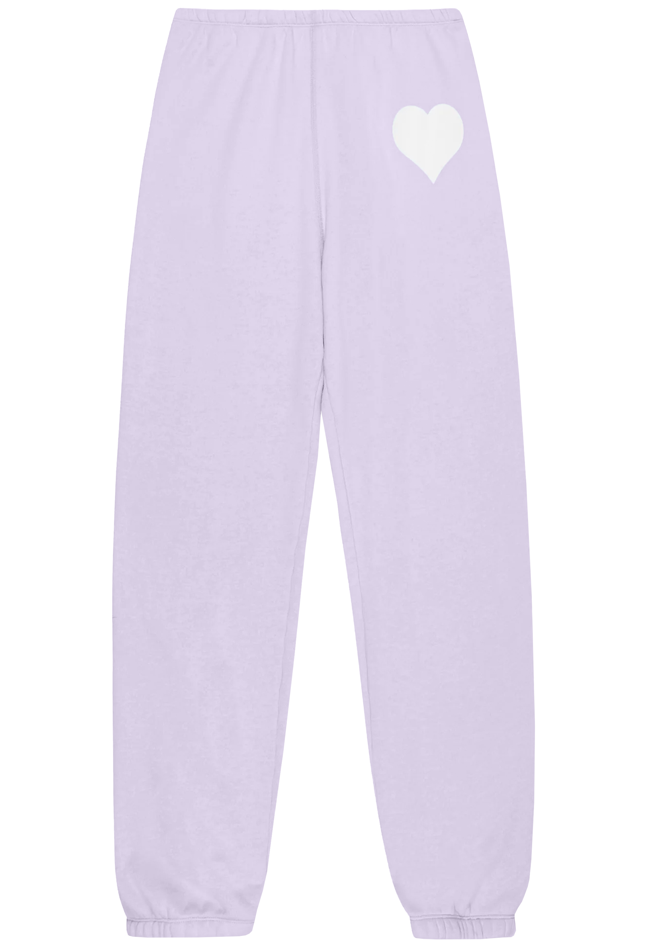 Lavender sweatpants with a white heart design on a white background