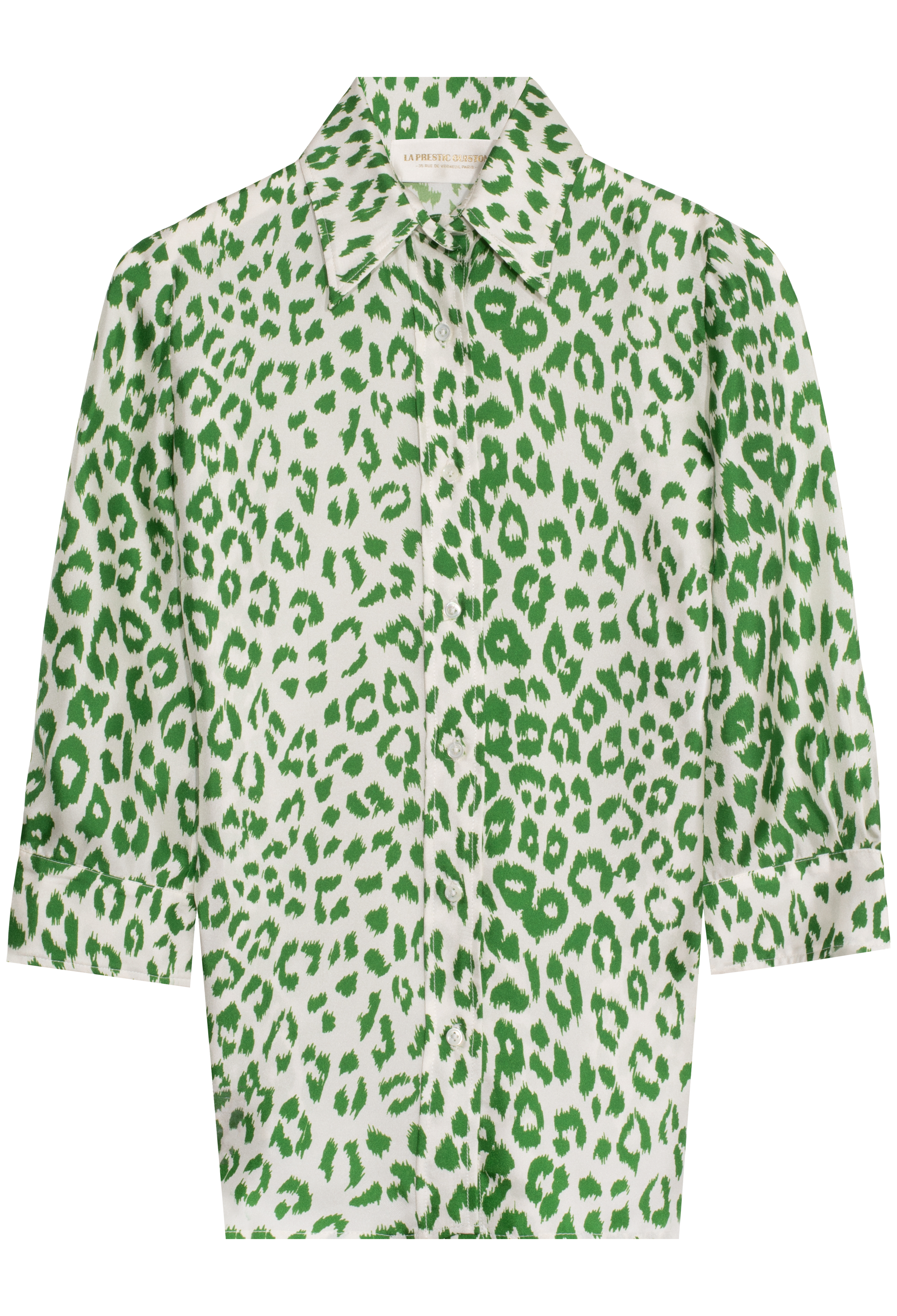 Green leopard print shirt on a white background