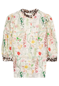 Long-sleeve shirt with colorful botany pattern on a white background