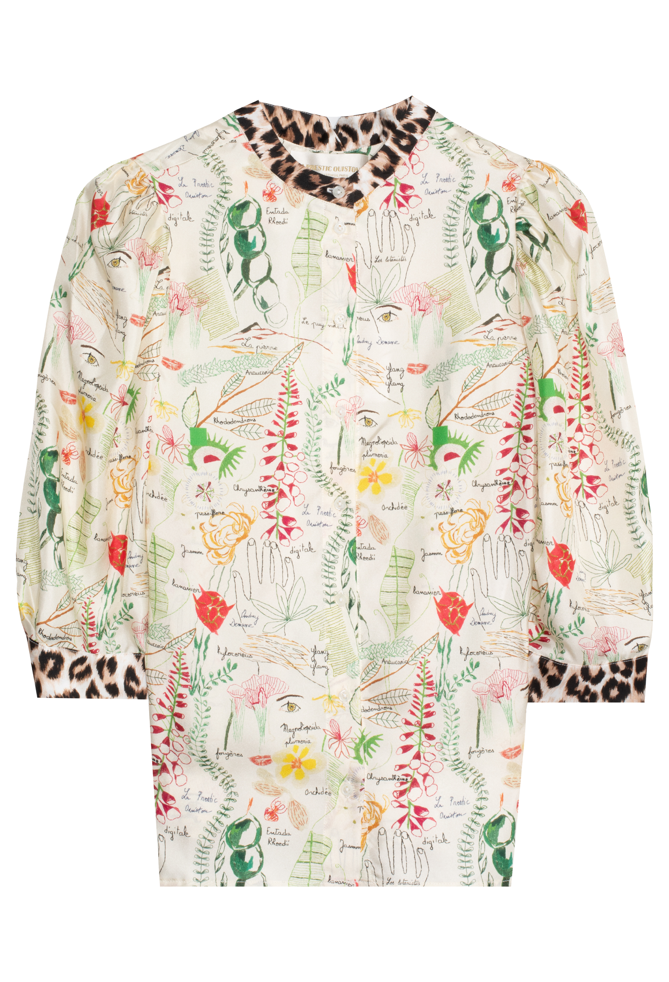 Long-sleeve shirt with colorful botany pattern on a white background