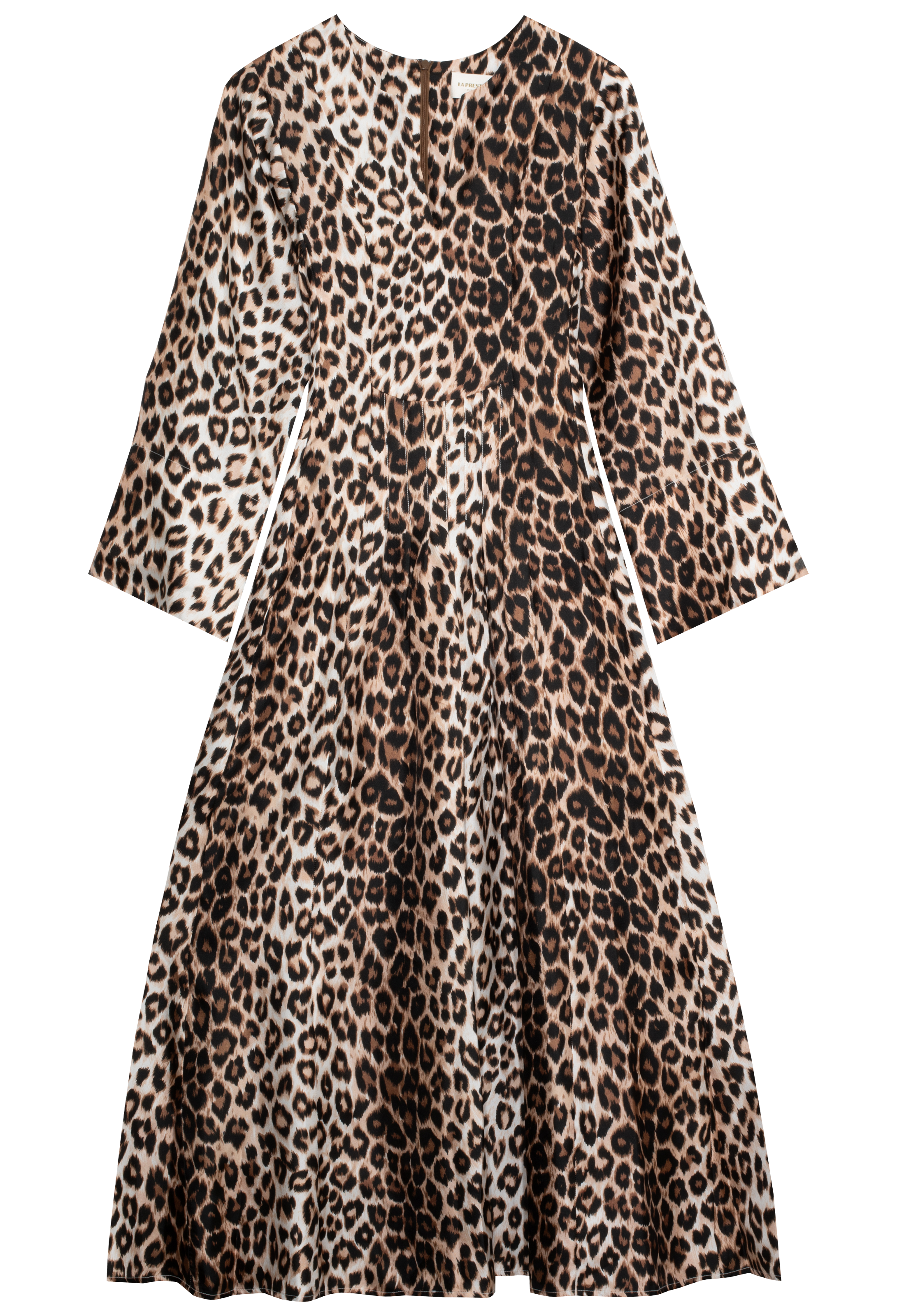 Leopard print dress with long sleeves on a white background